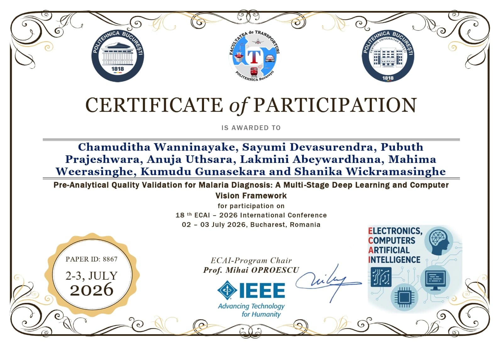 ECAI 2026 certificate of participation for the malaria diagnosis research paper